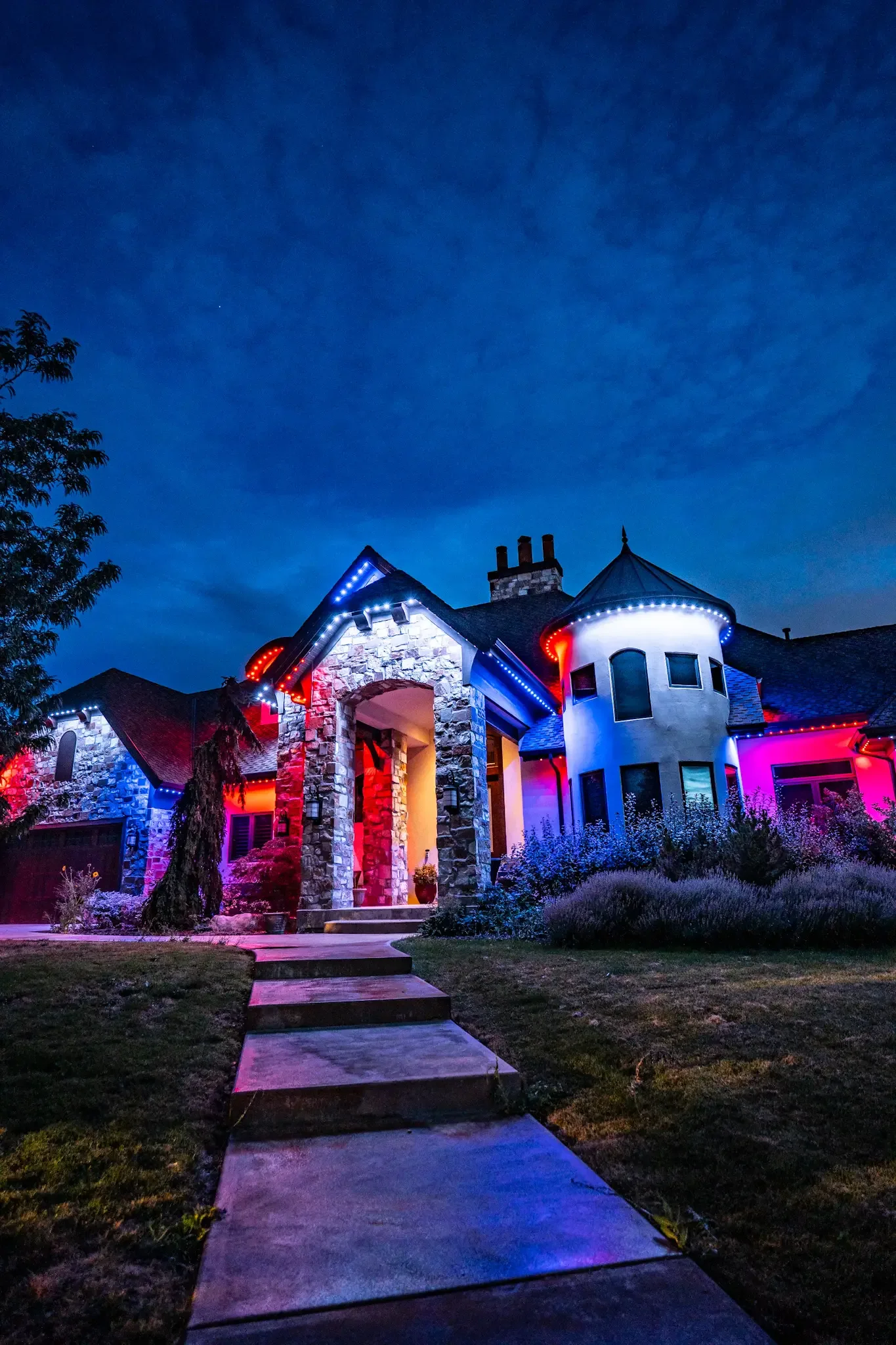 Home lit in team colors with Happy's gameday lighting