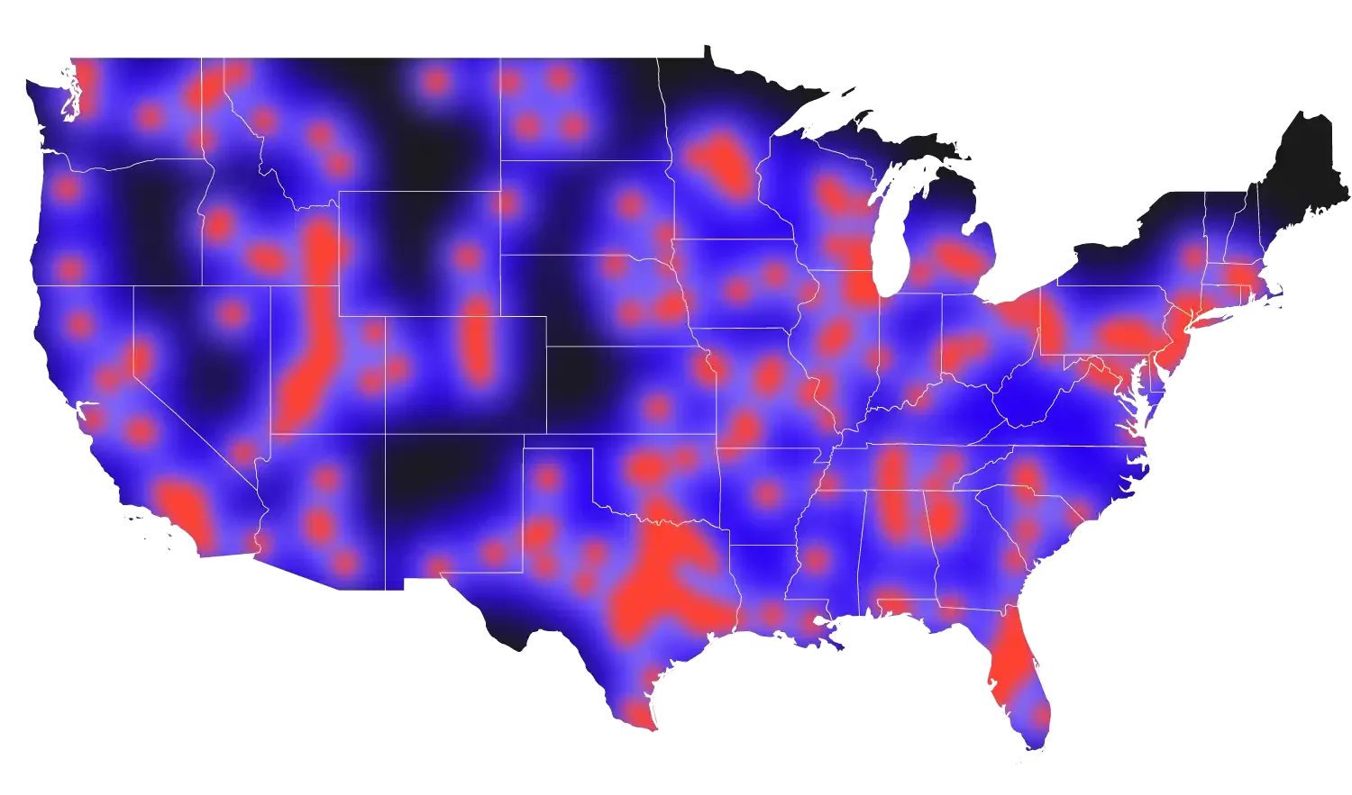 Heat map of Happy's Lighting installations across the United States